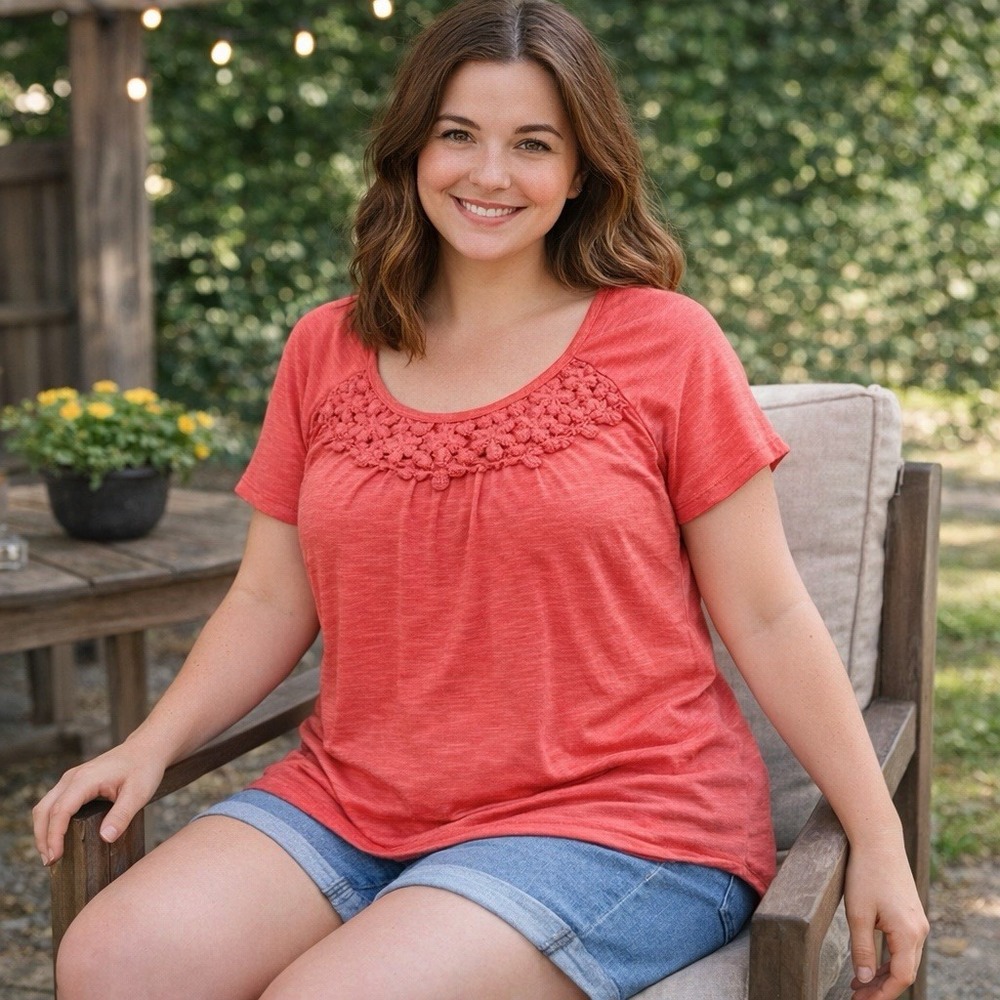 Just My Size Floral Top Women 1X 16W Pink Embroidered Round Neck Raglan Sleeve